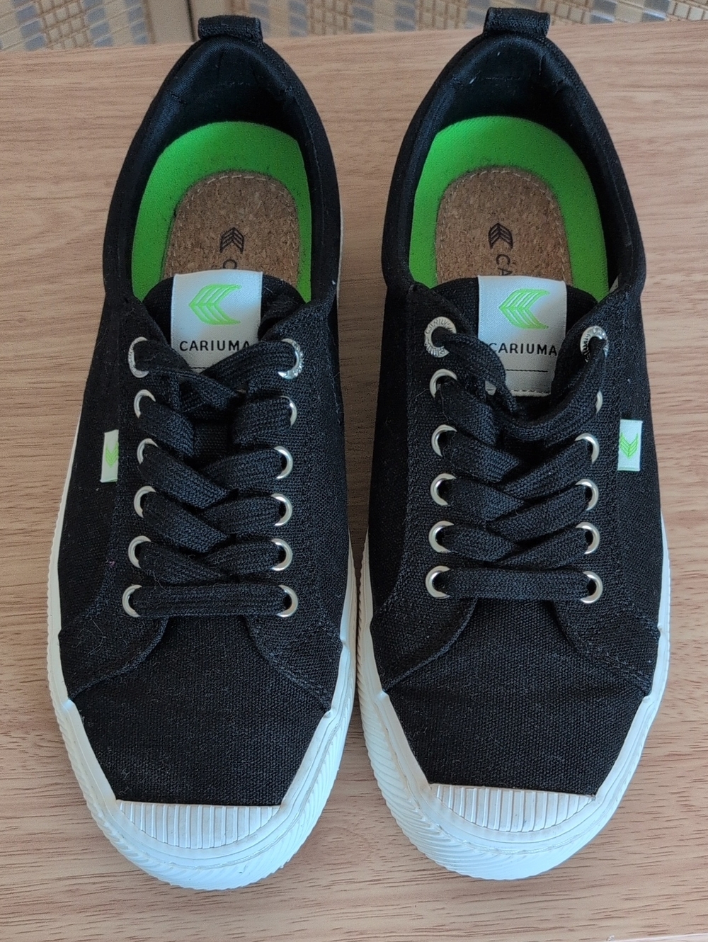 Cariuma Mens Black Canvas Sneakers with Neon Green Insole Accents